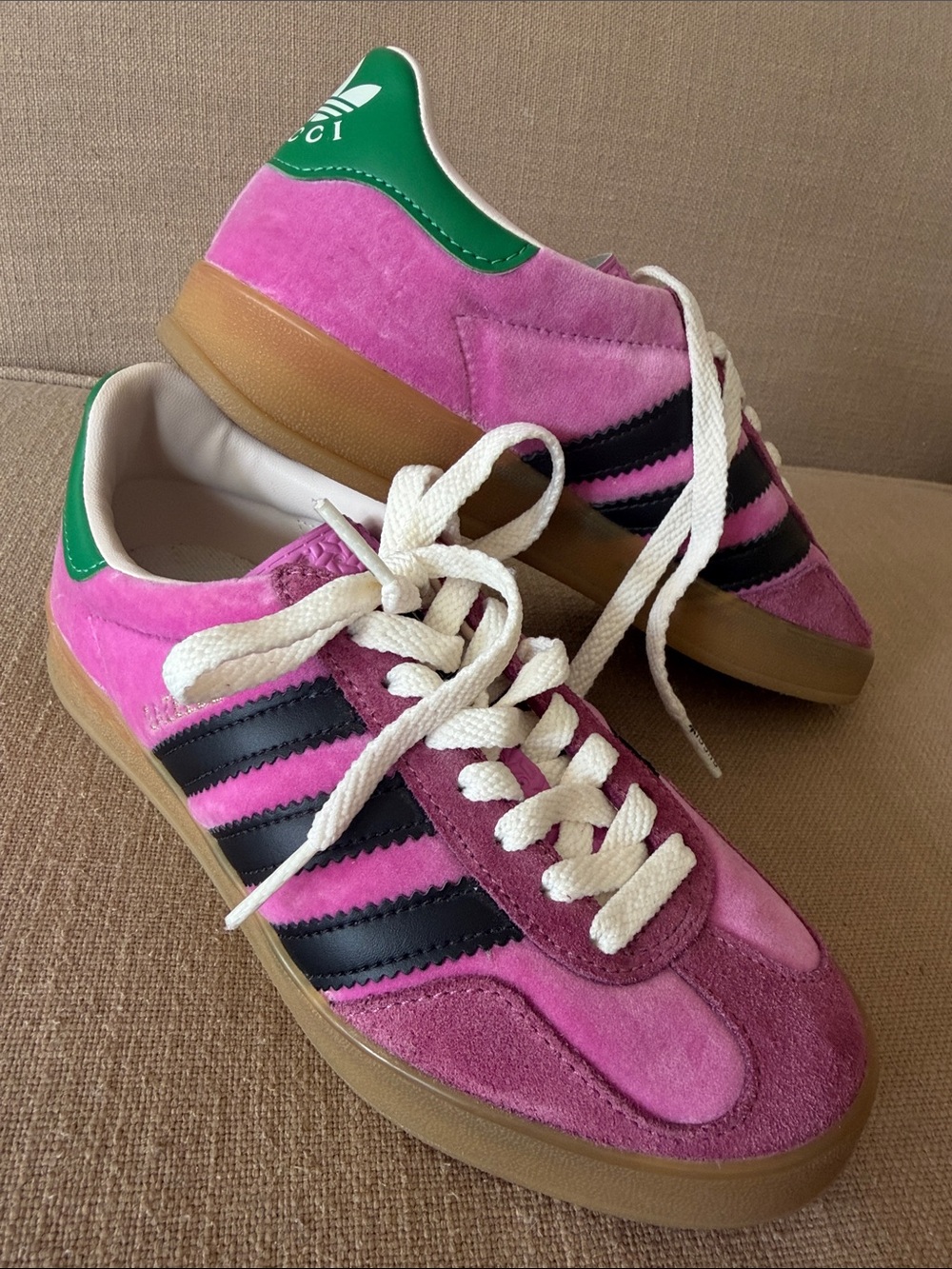 Adidas x Gucci Kids Pink Suede Sneakers with Green Heel Patch